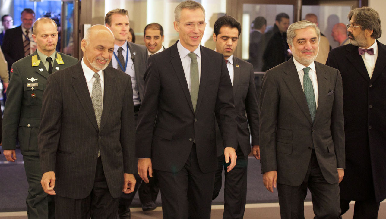 The President of the Islamic Republic of Afghanistan; Mohammad Ashraf Ghani; NATO Secretary General Jens Stoltenberg and the Chief Executive; Abdullah Abdullah on their way for a bilateral meeting