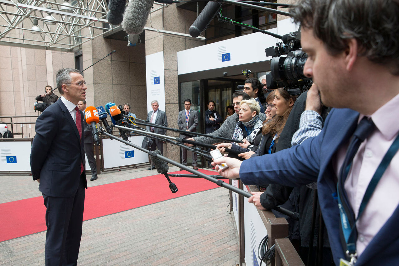 NATO Secretary General Jens Stoltenberg talking to the media prior to the meeting of the EU Foreign Affairs Council in the format of Ministers of Defence and Ministers of Foreign Affairs