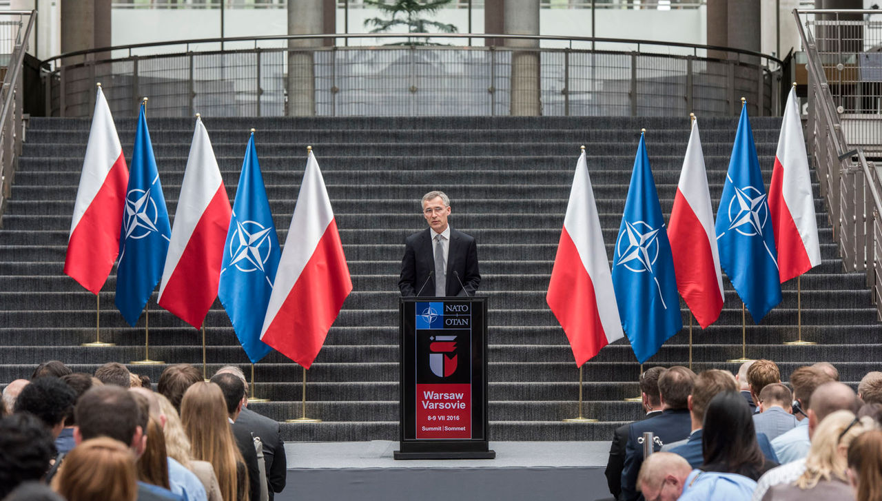 NATO Secretary General Jens Stoltenberg delivers a speech at Warsaw University