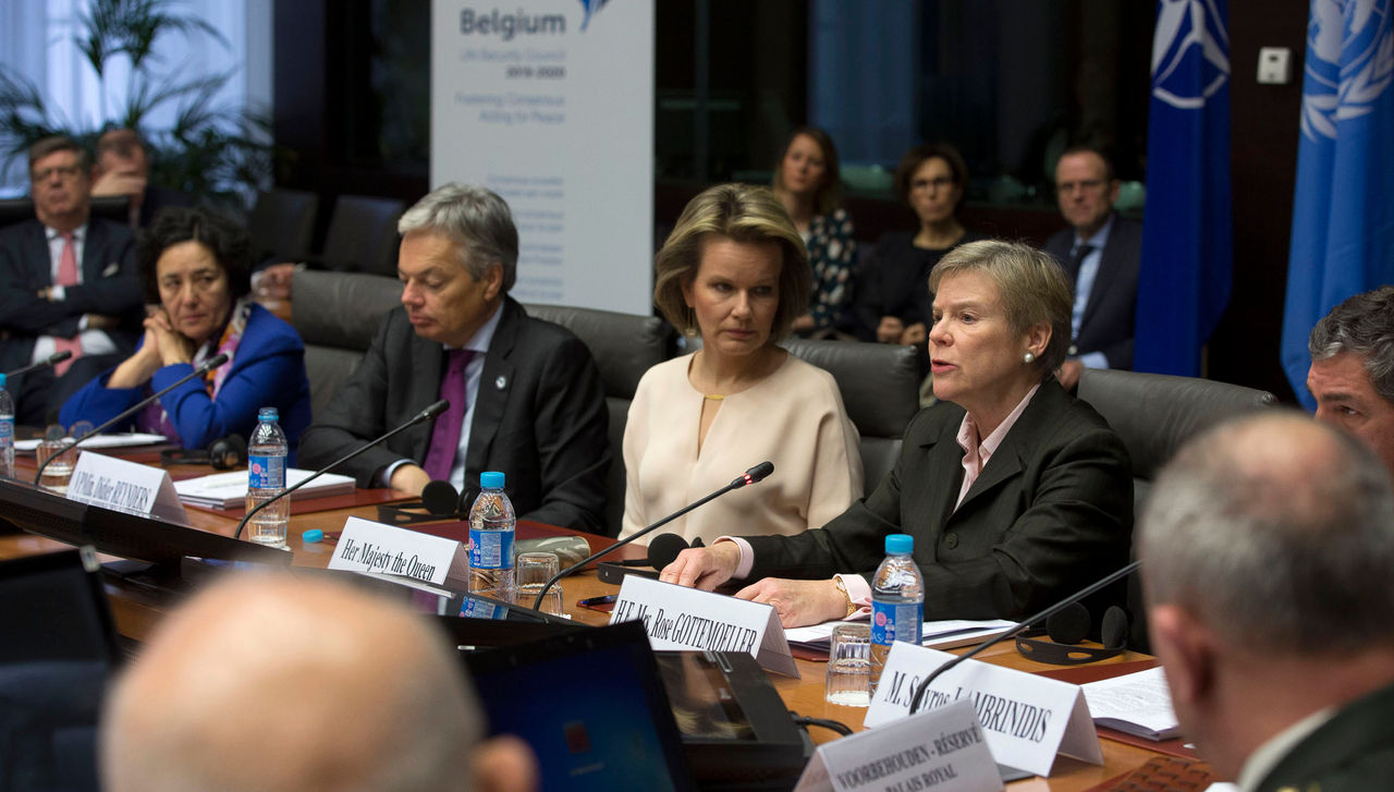 Leila Zerrougui, Special Representative of the UN Secretary-General for Children and Armed Conflict; Didier Reynders, Minister of Foreign Affairs of Belgium; Queen Mathilde of Belgium; NATO Deputy Secretary General Rose Gottemoeller