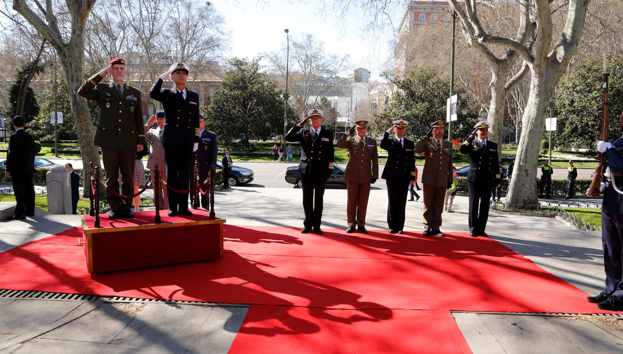 General Petr Pavel, Chairman of the NATO Military Committee and Admiral Fernando García Sánchez, the Chief of Defence of Spain salute the Honour Guard
