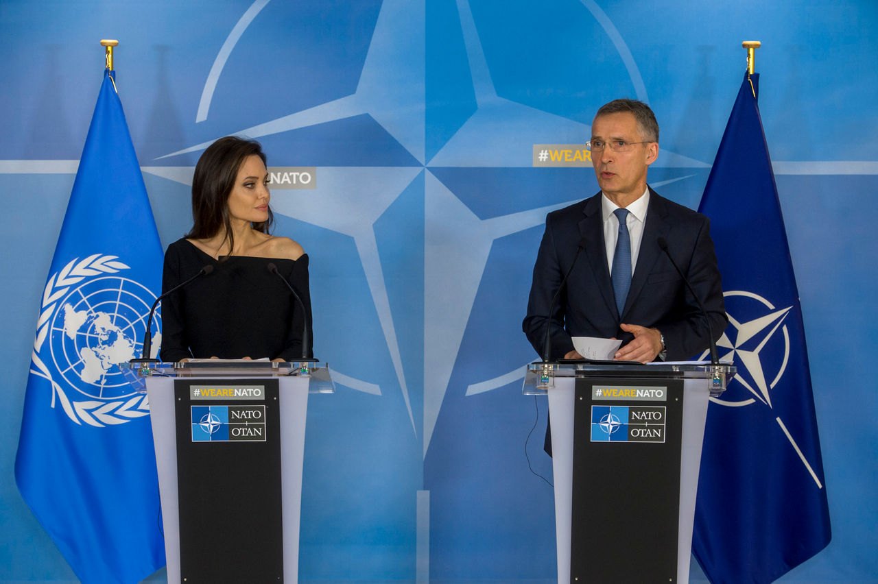NATO Secretary General Jens Stoltenberg and Special Envoy for the United Nations High Commissioner for Refugees, Angelina Jolie