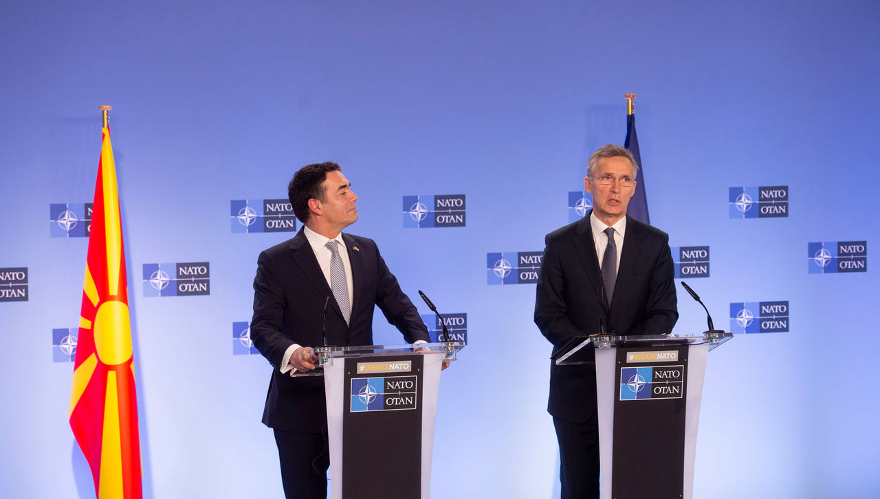 NATO Secretary General Jens Stoltenberg and the Foreign Minister of the invitee country, Nikola Dimitrov at their joint press point
