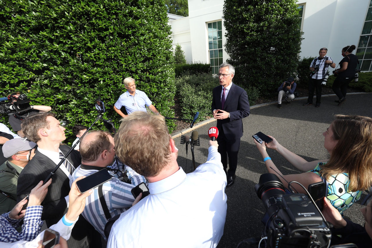 NATO Secretary General Jens Stoltenberg meeting with the press outside the White House on meeting with US President Joe Biden