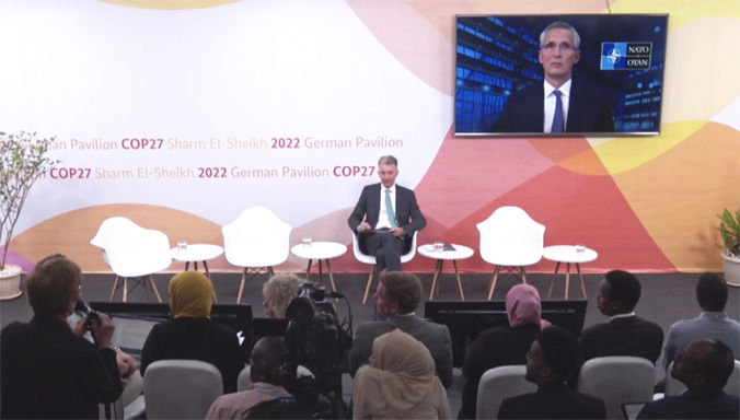 NATO Secretary General, Jens Stoltenberg, opens the High-Level Discussion on Climate Security, organised by the Munich Security Conference (MSC) at the United Nations Climate Change Conference (COP27) in Sharm El-Sheikh, Egypt.
