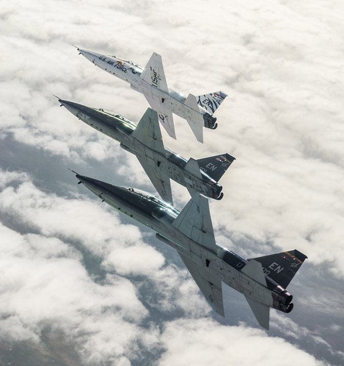 T-38C Talon jet trainers bank right during a training flight at the Euro-NATO Joint Jet Pilot Training Program in Wichita Falls, Texas.