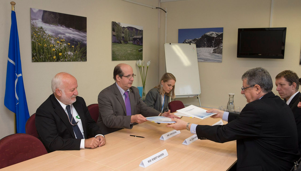 Ambassador Sorin Ducaru, NATO ASG ESC,  and Dusan Navratil, Director of the Czech National Security Authority, at the signing of the Cyber Defence MOU between the Czech Republic and NATO 12 October 2015. 