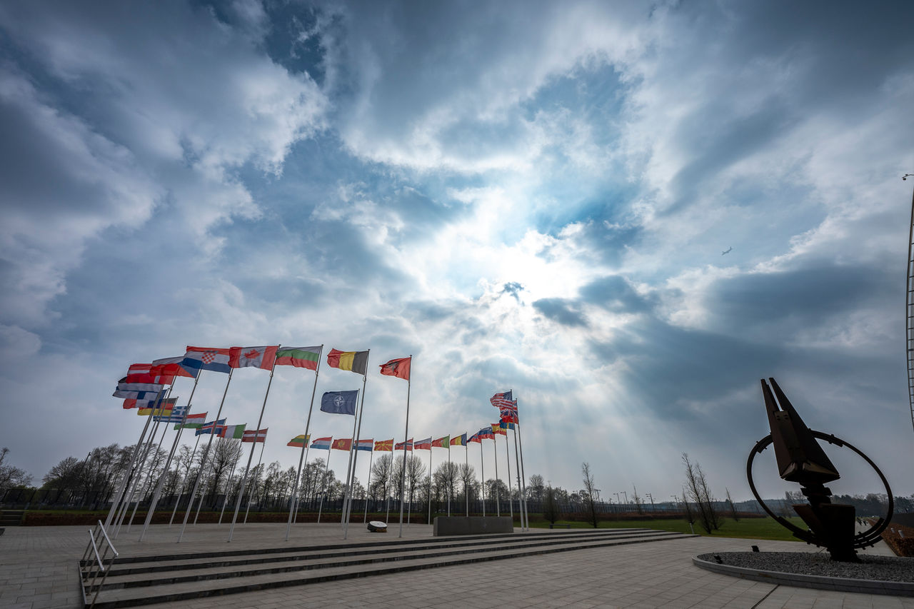 NATO headquarters in Brussels with 32 flags