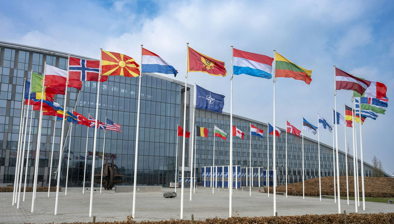 NATO headquarters in Brussels with 32 flags