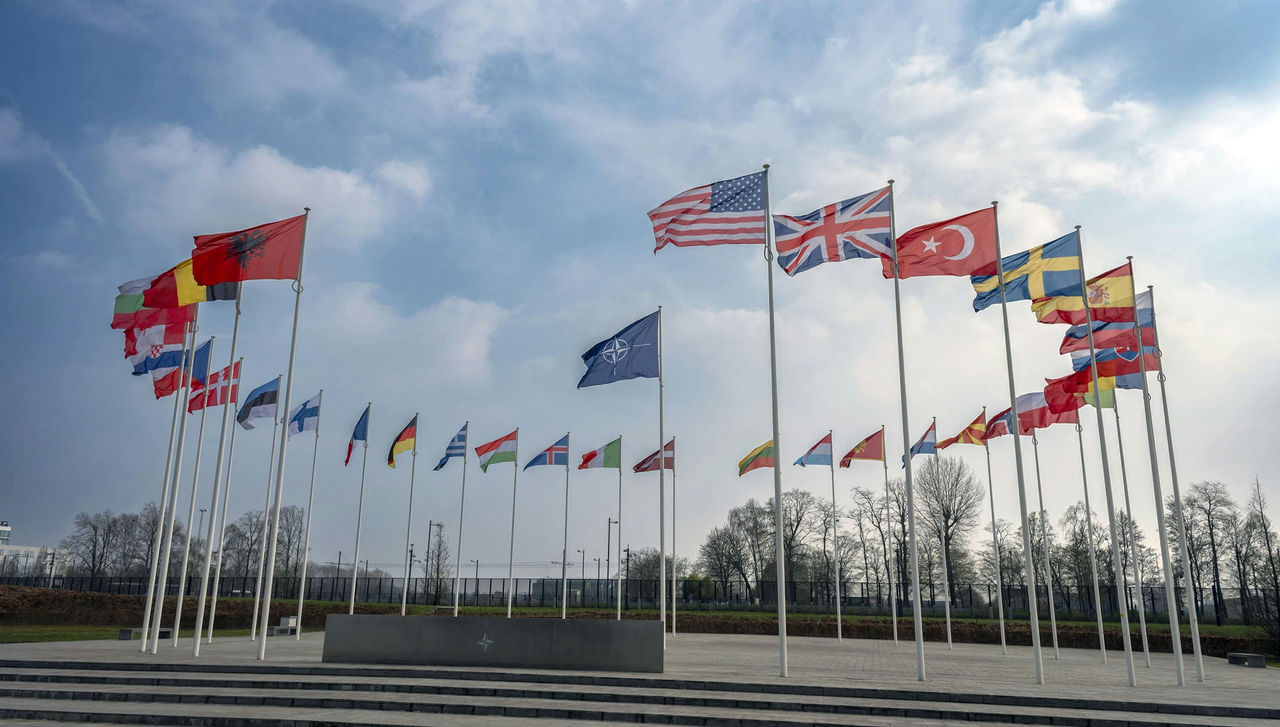 NATO headquarters in Brussels with 32 flags
