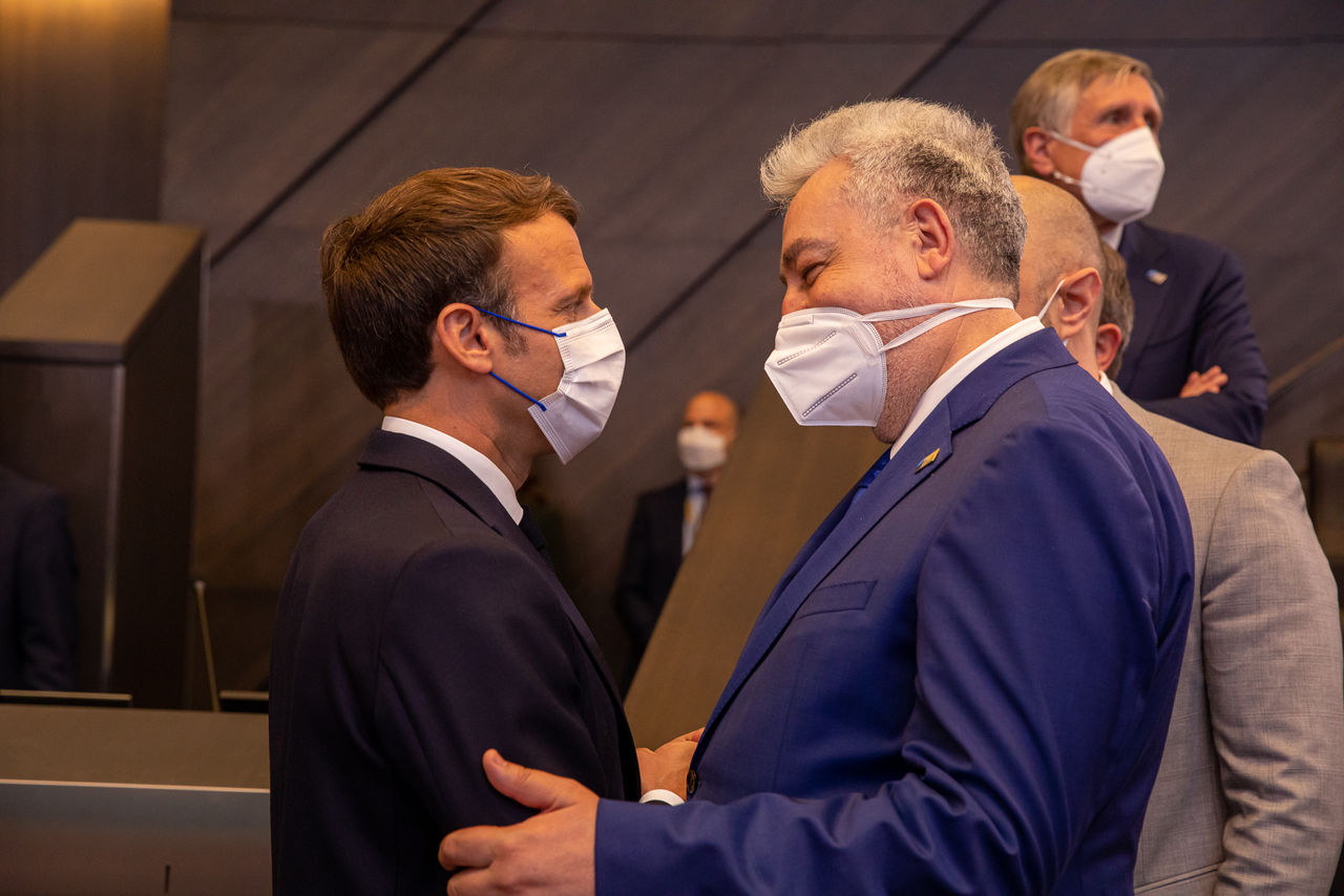 Emmanuel Macron (President of the French Republic) and Zdravko Krivokapić (Prime Minister, Montenegro)