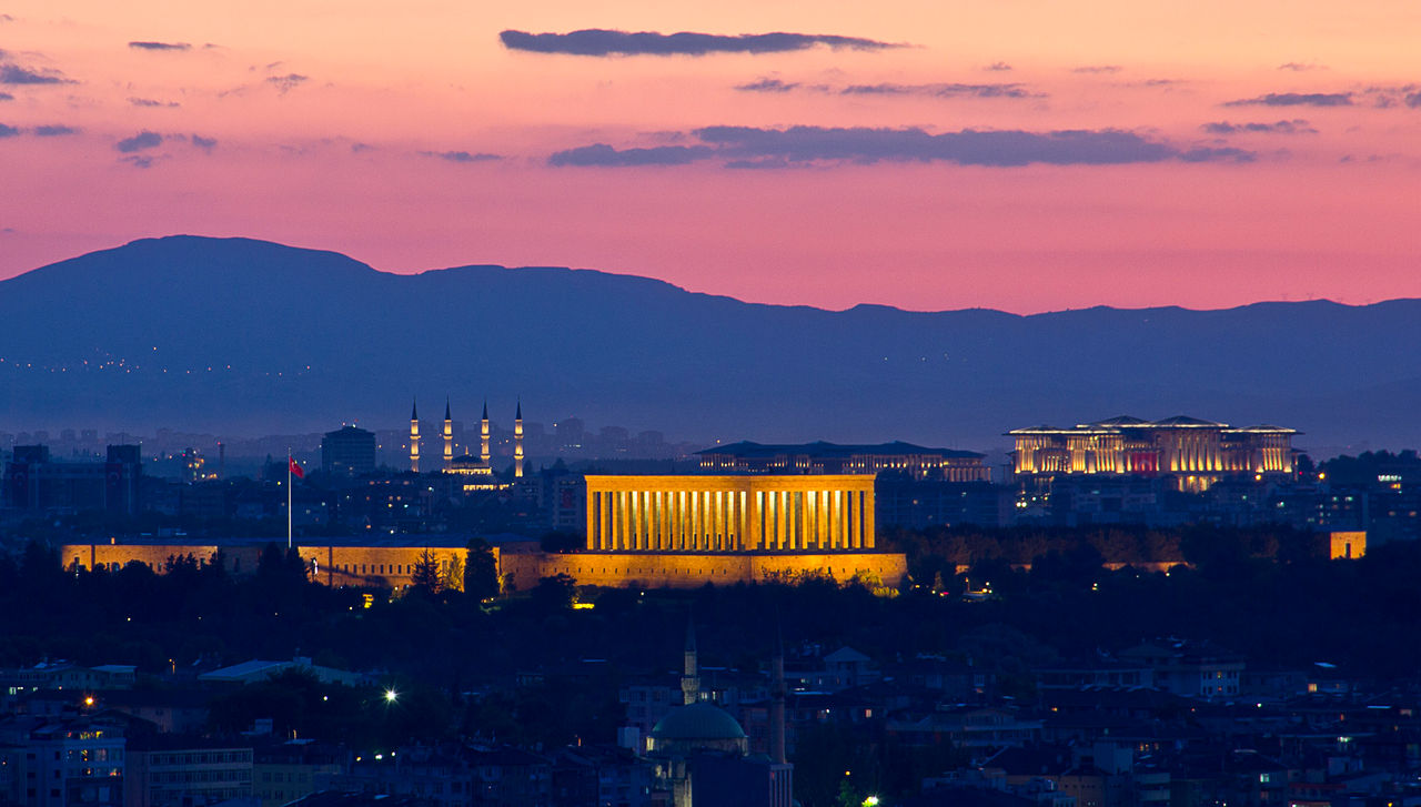 Ankara cityscape with Ataturk Mausoleum in summer time. Anıtkabir (literally, "memorial tomb") is the mausoleum of Mustafa Kemal Atatürk, the leader of the Turkish War of Independence and the founder and first President of the Republic of Turkey. It is located in Ankara. It was built by Emin Halid Onat and Ahmet Orhan Arda.