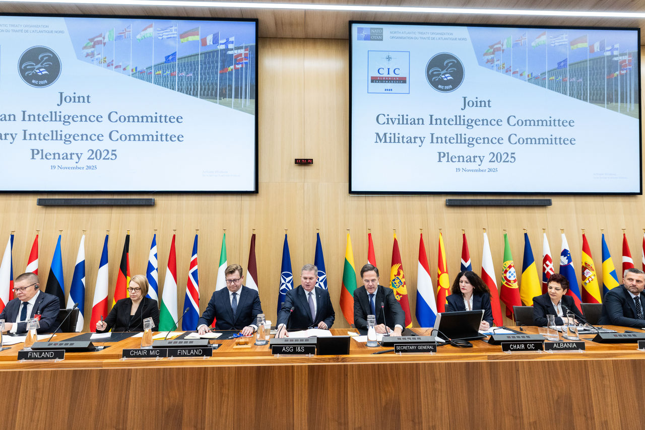 NATO Secretary General Mark Rutte addresses the intelligence service leaders at the Joint Civilian Intelligence Committee/Military Intelligence Committee plenary at NATO Headquarters in Brussels, Belgium