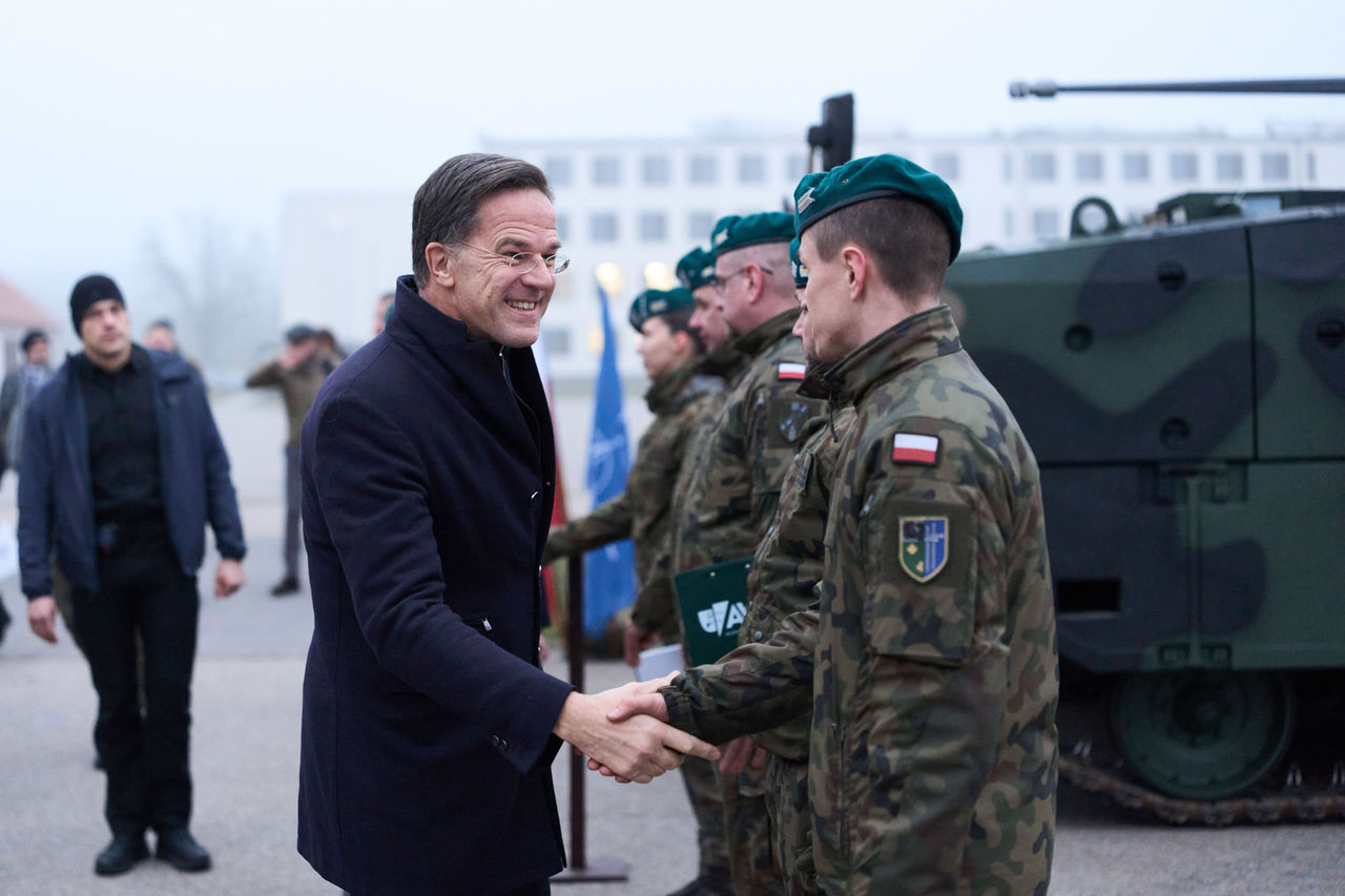 NATO Secretary General Mark Rutte with the troops of the NATO Forward Land Forces Battlegroup deployed at Bemowo Piskie.