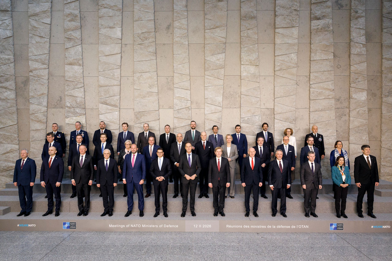 Family portrait of the NATO Secretary General Mark Rutte and the NATO Defence Ministers at NATO Headquarters in Brussels on 12 February 2026