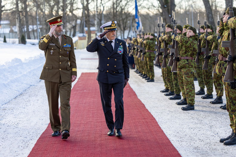 Left to Right - The Chief of Defence of Estonia, Lieutenant General Andrus Merilo and the Chair of the NATO Military Committee, Admiral Giuseppe Cavo Dragone during the Welcome Ceremony at EDF HQ, Tallinn.