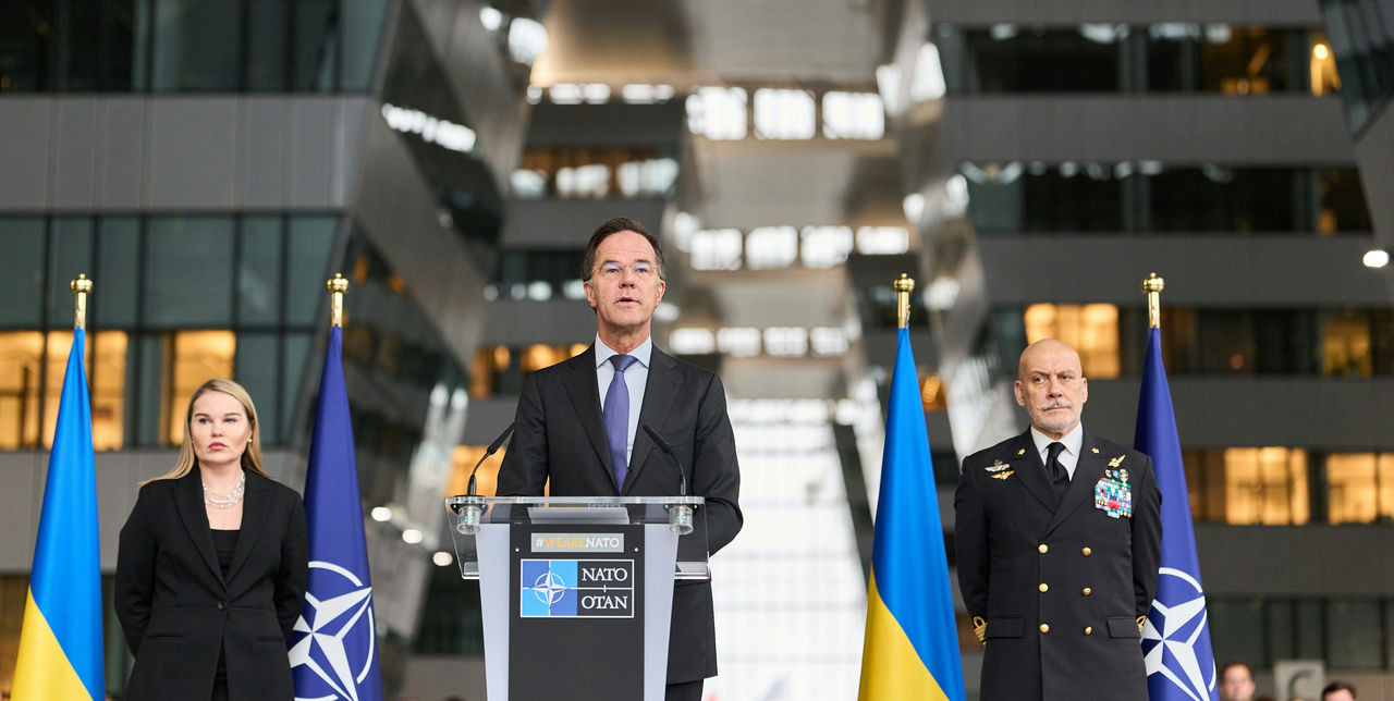[from left to right] Alyona Getmanchuk, Head of Ukraine's Mission to NATO, NATO Secretary General Mark Rutte and Admiral Giuseppe Cavo Dragone, Chair of the Military Committee