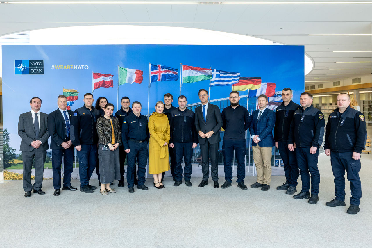 NATO Secretary General Mark Rutte meets with Ukrainian rescue workers at NATO Headquarters in Brussels, Belgium