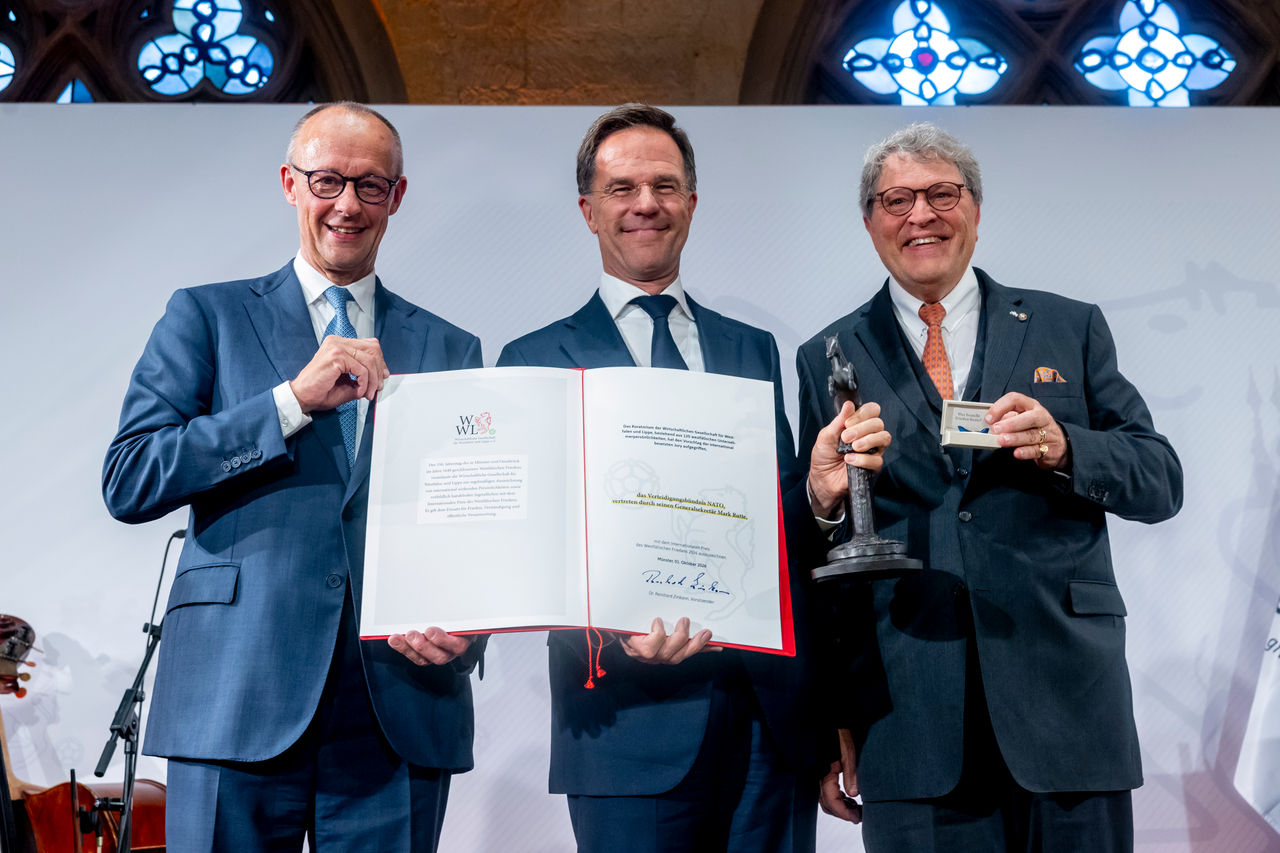 NATO Secretary General Mark Rutte with the Federal Chancellor of Germany, Friedrich Merz and the Chairman of WWL, Dr. Reinhard Zinkann